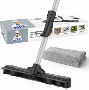 Pet Hair Removal Rubber Broom with Built in Squeegee, 2 in 1 Floor Brush for Carpet, 61 inch Adjustable Handle, includes One Microfiber Cloth