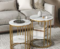 Set of Two Marble-Effect Coffee Tables - White/Gold-Tone