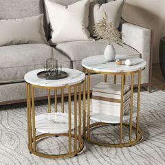 Set of Two Marble-Effect Coffee Tables - White/Gold-Tone
