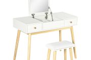Vanity set with stool, foldable mirror, Scandinavian style, 2 drawers, 100 x 45 x 118 cm, white