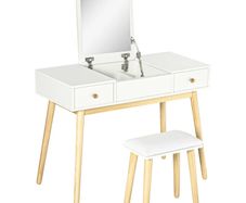 Vanity set with stool, foldable mirror, Scandinavian style, 2 drawers, 100 x 45 x 118 cm, white