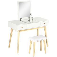 Vanity set with stool, foldable mirror, Scandinavian style, 2 drawers, 100 x 45 x 118 cm, white