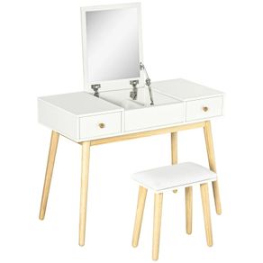 Vanity set with stool, foldable mirror, Scandinavian style, 2 drawers, 100 x 45 x 118 cm, white