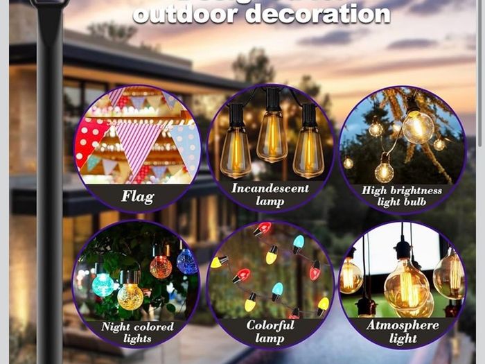 4pack 3M String Light Pole, Metal Outdoor String Light Pole, Suitable for Courtyard,Backyard,Garden,Patio,Party,Wedding Hanging Light Pole,Rustproof and Sturdy with Hooks.