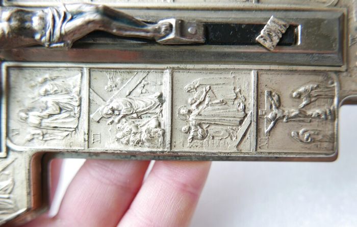 Vintage Wall Crucifix Featuring Embossed Plaques Depicting the 14 Stations of the Cross