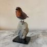Hand-Carved Gemstone European Robin on Tourmalinated Quartz Base Image 2
