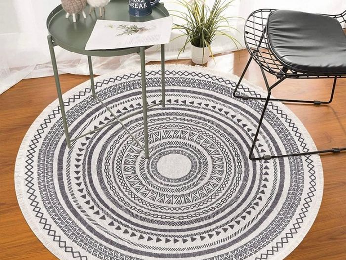 Round Rug Bohemian 4FT/120cm Circle Area Rug Cotton Rug Washable Round Rug Geometric Pattern Printed Hand Woven Carpet with Tassels Floor Mat for Kitchen Living Room Laundry Playroom (FREE POSTAGE)