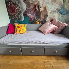 HEMNES Day-bed w 3 drawers, 2 mattresses, grey, Afjall medium firm, 80x200 cm
