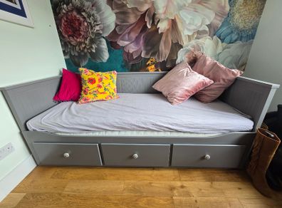 HEMNES Day-bed w 3 drawers, 2 mattresses, grey, Afjall medium firm, 80x200 cm