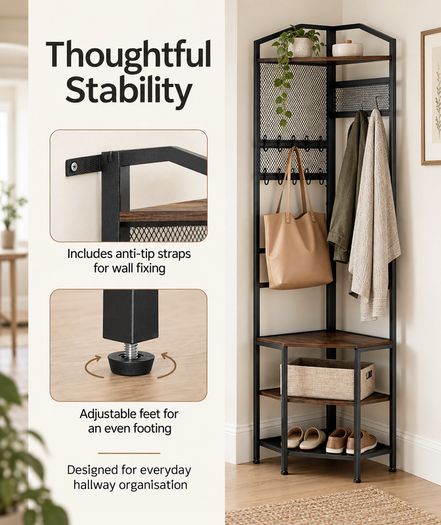 Corner Coat Rack with Shoe Storage and Shelves  Black Metal