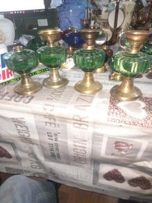 4 Beautiful Old Green Glass Oil Lamps, Postage Available