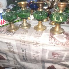 4 Beautiful Old Green Glass Oil Lamps, Postage Available