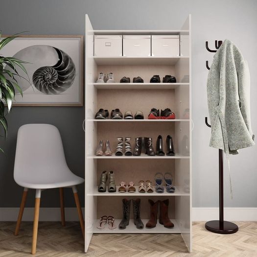 Shoe Cabinet High Gloss White 80x35.5x180 cm Chipboard