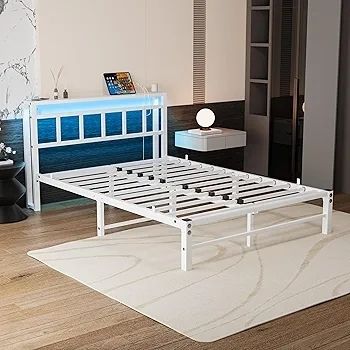 Double Bed Frame with Storage Headboard,4ft6 Bed Frame Double Bed Base with Charging Station and LED Lights,Metal Platform Double Bed 135x190,Mattress Base No Box Spring Needed,No Noise,White