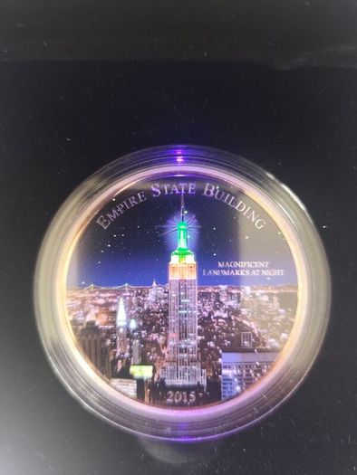 Magnificent Landmarks Empire State Building glow in dark Silver 2oz coin box+coa