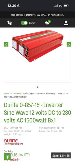 Durite Pure Sine Wave 1500W 12V Inverter