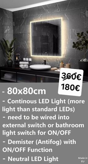 LED Bathroom Mirror 80cm Fog Free Bright Light Makeup Vanity Cosmetic Continous LED Ensuite Made in EU Quality Product