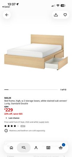 Malm bed with 2 drawers, mattress and lockers