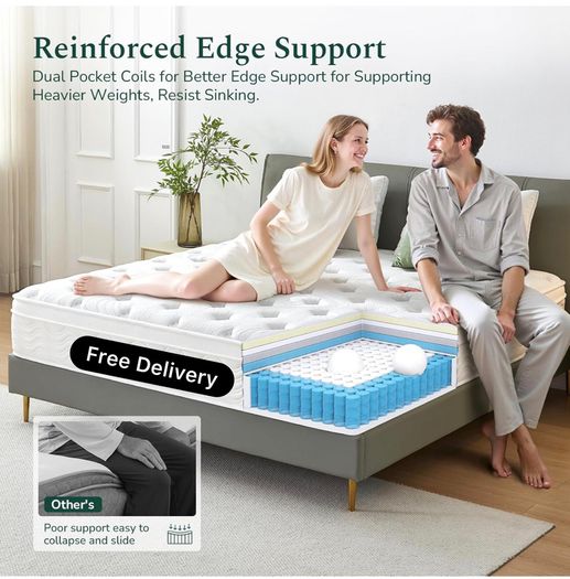 King Size Mattress 5FT Memory Foam, Pocket Sprungs Hybird Mattress with Dual Edges Support, Orthopaedic Mattresses Medium Firm for Pressure Relief, 10.2 Inch Deep, 150 x 200 x 26 cm