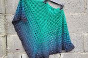 Handmade crochet triangle shawl wrap. Green black gradient ombre lacy shawl