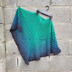 Handmade crochet triangle shawl wrap. Green black gradient ombre lacy shawl