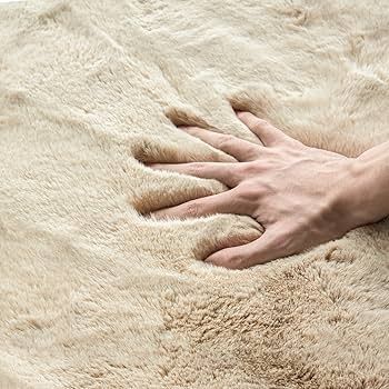 Beige Bedroom Rug, Washable, Fluffy, 60 x 90 cm, Fur Rug, Faux Fur, Living Room, Children's Room, Soft, Small, Decorative Rectangular
