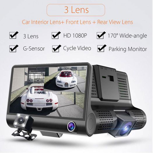 3x Camera Front Back and Inside 4" HD 1080P 170 WDR Car DVR Dual Lens Camera Video Recorder Rearview Dash Cam Taxi Van Mini