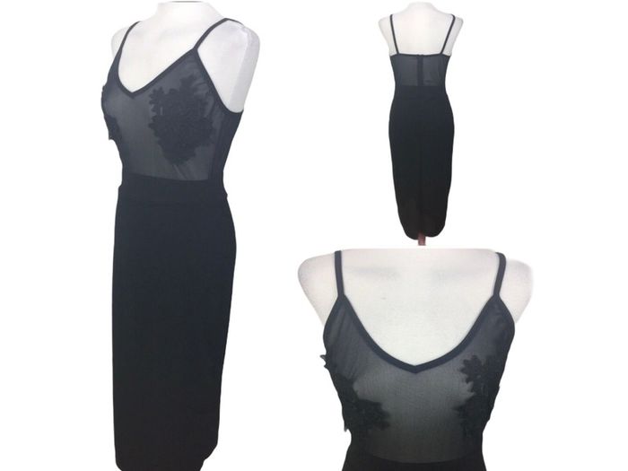 Ladies Black Sexy Strappy Pencil Dress With Embroidered Floral Chest Area Uk 8 includes postage