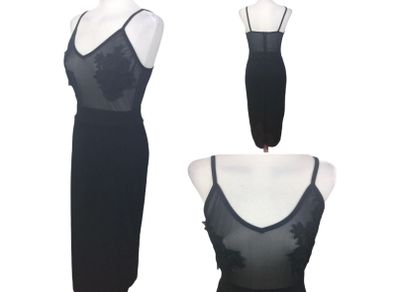 Ladies Black Sexy Strappy Pencil Dress With Embroidered Floral Chest Area Uk 8 includes postage