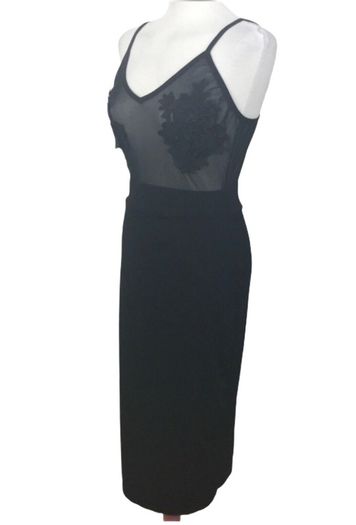 Ladies Black Sexy Strappy Pencil Dress With Embroidered Floral Chest Area Uk 8 includes postage