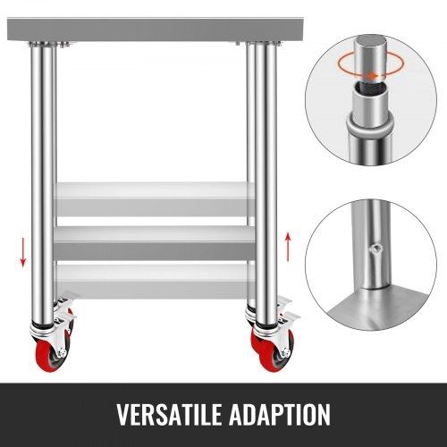 Stainless Steel Work Table 30 x 18 x 34 Inch, 700 LBS Load Capacity with 4 Wheels, 3 Adjustable Height Levels, Heavy Duty Food Prep Worktable