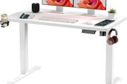 Electric Standing Desk ONE PIECE 110 x 54 Height Adjustable With Memory Smart Panel Sit Stand Table Hooks and Cupholder for Home Office (White Frame+White Desktop)