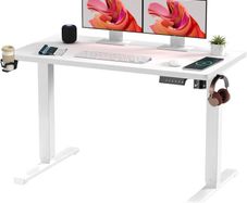 Electric Standing Desk ONE PIECE 110 x 54 Height Adjustable With Memory Smart Panel Sit Stand Table Hooks and Cupholder for Home Office (White Frame+White Desktop)