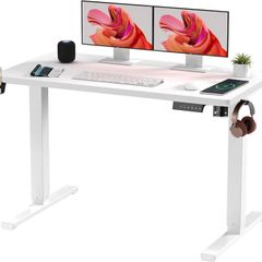 Electric Standing Desk ONE PIECE 110 x 54 Height Adjustable With Memory Smart Panel Sit Stand Table Hooks and Cupholder for Home Office (White Frame+White Desktop)