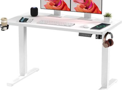 Electric Standing Desk ONE PIECE 110 x 54 Height Adjustable With Memory Smart Panel Sit Stand Table Hooks and Cupholder for Home Office (White Frame+White Desktop)