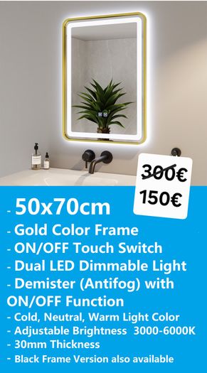 LED Bathroom Mirrors Speakers Demister Antifog Weather Station Clock Dual LED Sensor Touch