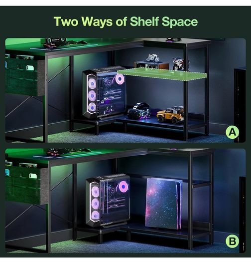 L Shaped Gaming Desk with LED Lights, 100 x 70 cm Computer Desk with Power Outlet
