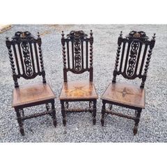 Set of 3x High Back Carved Oak Chairs KAS853