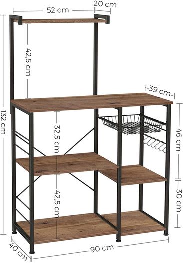 Standing Kitchen Shelf with Metal Basket and 6 S-Hooks and Shelves