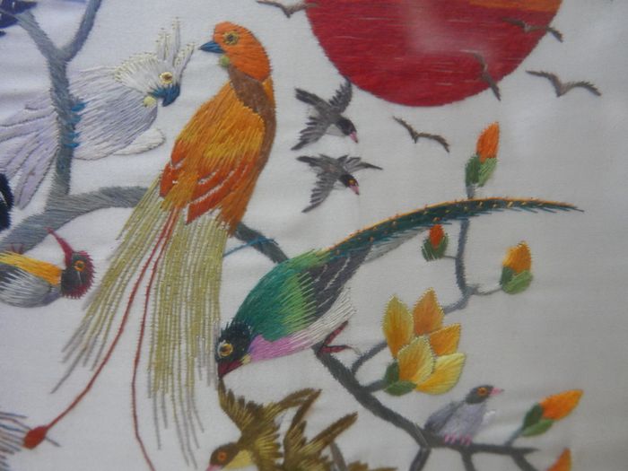 Antique Early 20c Chinese Silk Embroidery Birds Panel Framed - 23"x14"