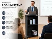 Mobile Wooden Podium Lectern with Storage Shelves and Lockable Wheels