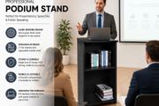 Mobile Wooden Podium Lectern with Storage Shelves and Lockable Wheels