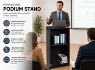 main image for ad Mobile Wooden Podium Lectern with Storage Shelves and Lockable Wheels