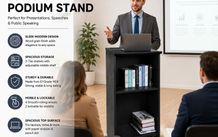 Mobile Wooden Podium Lectern with Storage Shelves and Lockable Wheels