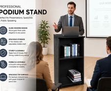 Mobile Wooden Podium Lectern with Storage Shelves and Lockable Wheels