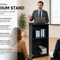 Mobile Wooden Podium Lectern with Storage Shelves and Lockable Wheels