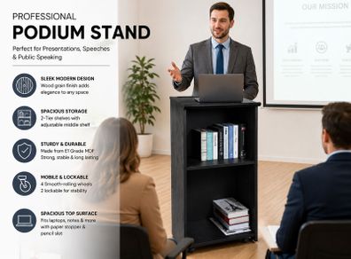 Mobile Wooden Podium Lectern with Storage Shelves and Lockable Wheels