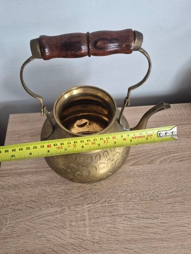 Vintage Etched Brass Teapot with Wooden Handle, Decorative Gold Teapot