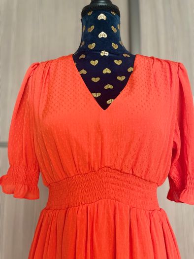 DKNY Orange V Neck Midi Dress