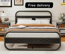 King Size Bed Frame Metal Platform Bed Frame with Wood Headboard